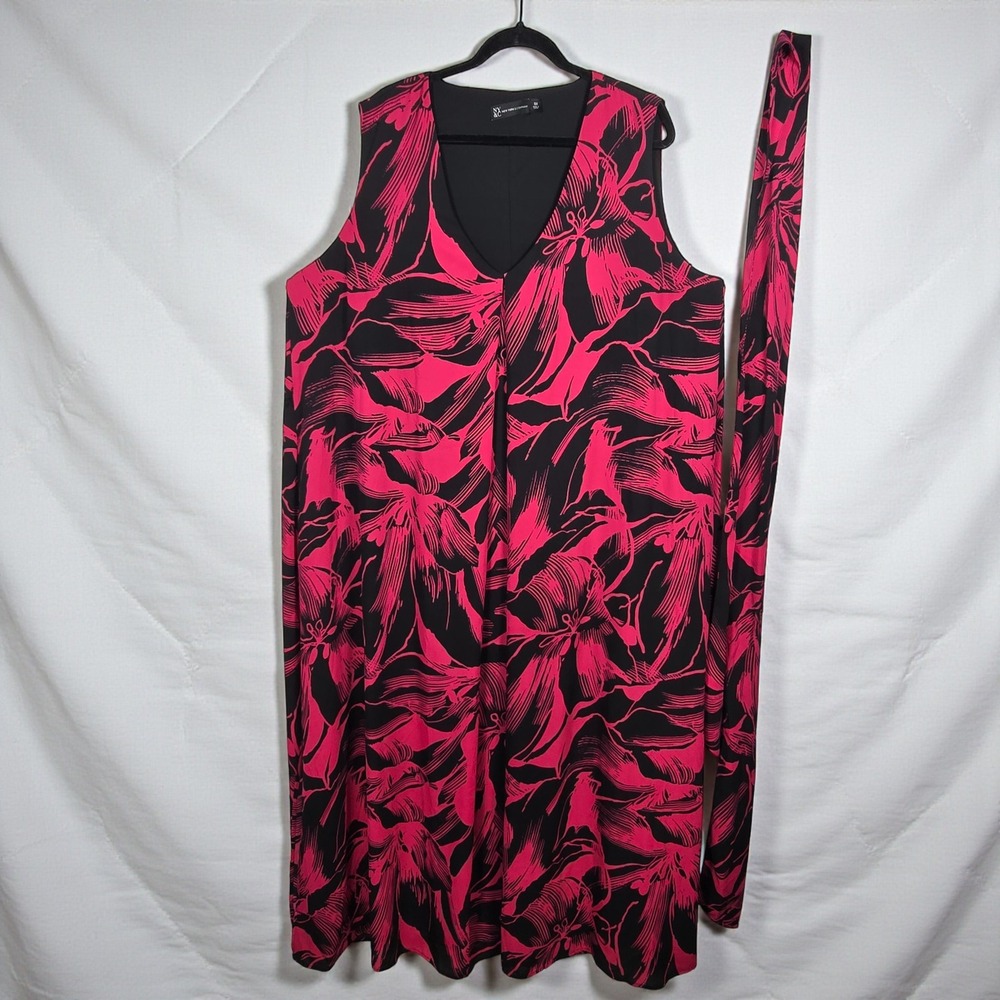 NY and Company  Midi Dress with‎ Belt Women 3X Pink Black Pink Floral Sleeveless